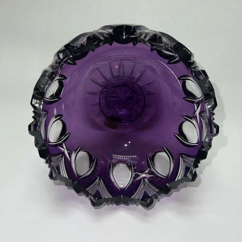 CAESAR BOHEMIAE Amethyst Crystal Cut to Clear Lotus Pedestal Bowl Czech 5 1/2” T - Picture 6 of 7