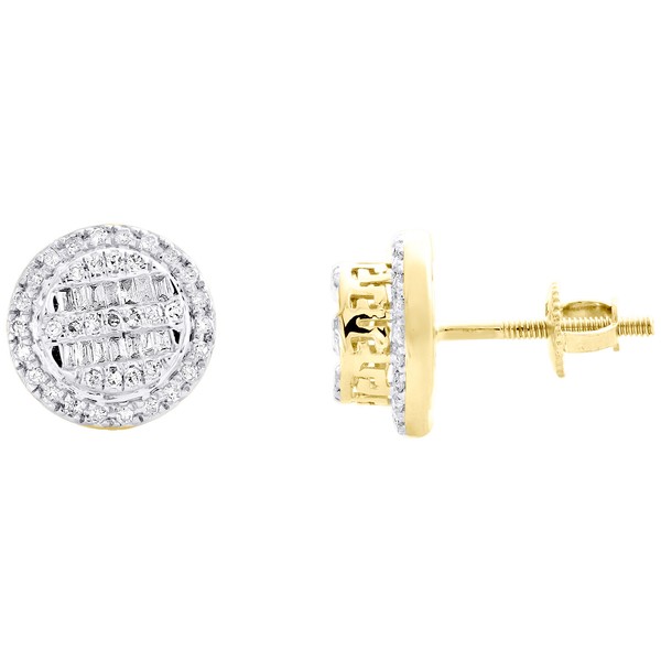10K Gelbgold Baguette 10Mm Kreis Halo Griechische SchlüSsel Ohrstecker 1/3 Ct-image