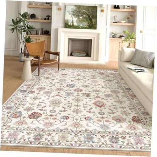 Washable Area Rug 8x10 - Large Cream Colorful Boho Rugs 8 x 10 ft Cream Multi