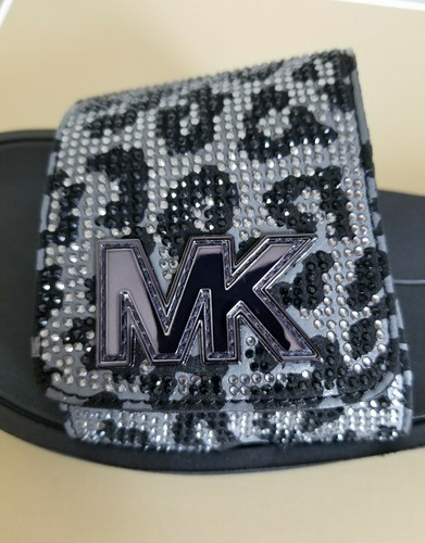MICHAEL KORS MK LOGO BLACK GREY CHEETAH CRYSTAL POOL SLIDES US 11 I LOVE SHOES - Picture 3 of 9
