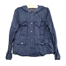 Sanctuary Women's Hooded Utility Jacket Blue Medium Drawstring Waist Snap Button