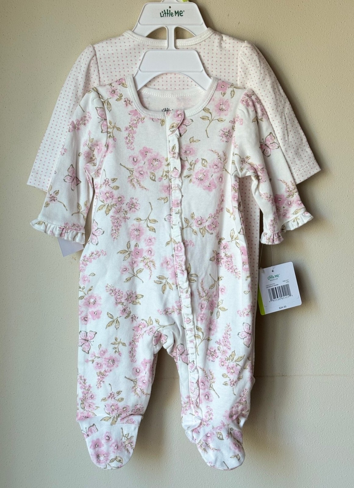 Little Me Cotton Baby 3M Footies - 2 PACK - Pink Floral, Soft Dots (NWT)