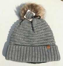 Winter Thick Warm Lined Knit With Faux Fur Pom Stretchy Beanie Ski Hat Gray H