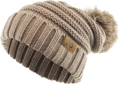 KB ETHOS Chunky Cable Knit Women's Taupe Brown Pom Pom Beanie Winter Knit  Hat
