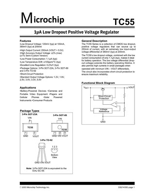 5V/250mA LDO POSITIVE VOLTAGE REGULATOR Microchip TC55RP5002ECB713 +/- 2,500 pcs