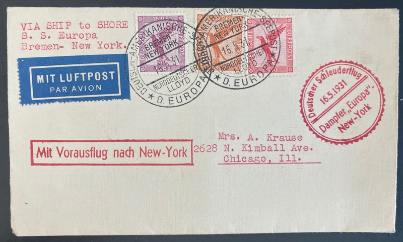 1931 Germany Catapult Flight Airmail Cover SS Europa to Chicago IL Usa
