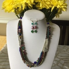 Multi strand multi color glass bead necklace earring set