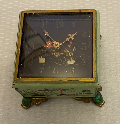 Antique Art Deco Miniature Clock Green Jeweled Handpainted Enamel Japonaise RUNS - Picture 2 of 24