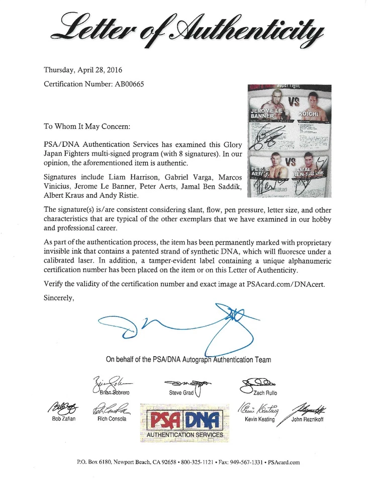 Jerome Le Banner Peter Aerts +6 подписанная программа Glory 8 событий сертификат подлинности PSA/DNA с автографом - Изображение 3 из 4
