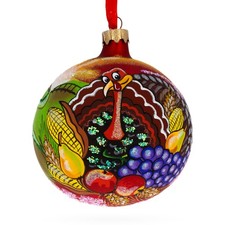Turkey on the Field Thanksgiving Glass Ball Ornaments 4 Inches