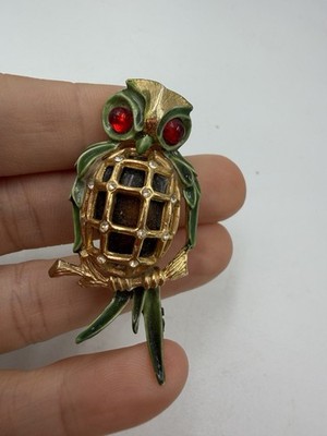 Vintage Brooch Owl Bird Enamel Rhinestone SIgned  CFW AS IS REPAIR NEEDED