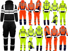 NEW MEN'S ZIP HI VIS VIZ TROUSERS SAFETY WORK WEAR JOGGING BOTTOMS PANTS HOODIE