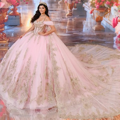 Blush Pink Gold Glitter Ball Gown Off Shoulder Quinceanera Prom Dresses