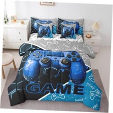 Gaming Boys Reversible 7 Pieces Comforter Set Size,Blue Full Black Gray Blue