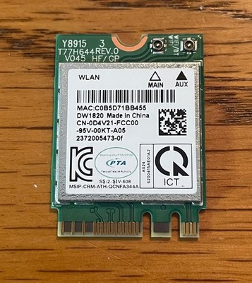 Dell Wireless DW1820 WLAN WiFi 802.11AC + Bluetooth 4.1 Dual Band M.2 D4V21