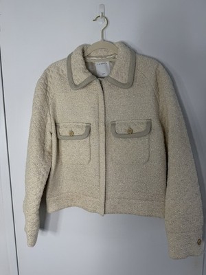 Sandro Ivory Tweed Zip Jacket Size 38 with metallic accents 