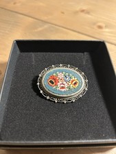 Vintage Oval Italian Micro Mosaic Brooch Floral Design Silver Toned Setting Rare