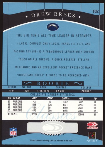 2001 DONRUSS CLASSICS DREW BREES #102 ROOKIE AUTO AUTOGRAPH /30! - Picture 2 of 2