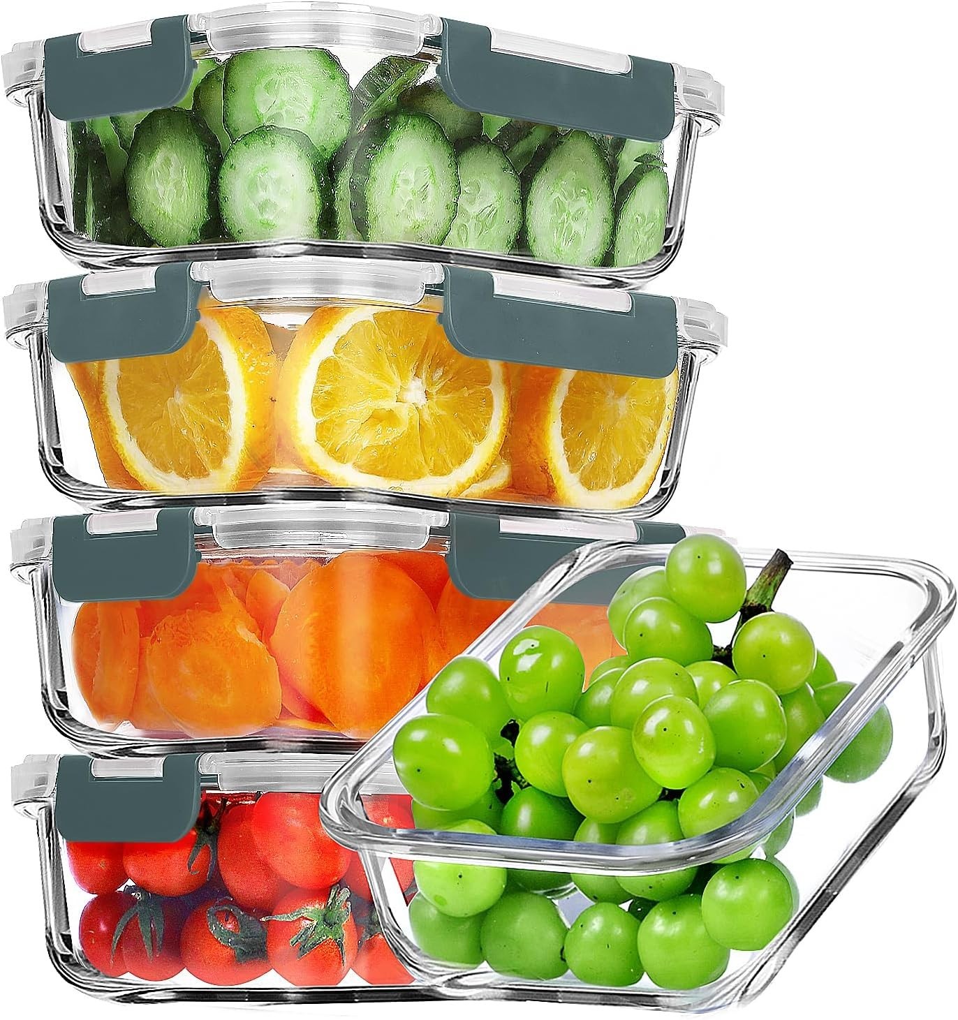 5 Pack 36 OZ Glass Meal Prep Containers Airtight Glass Lunch Containers Set Grey