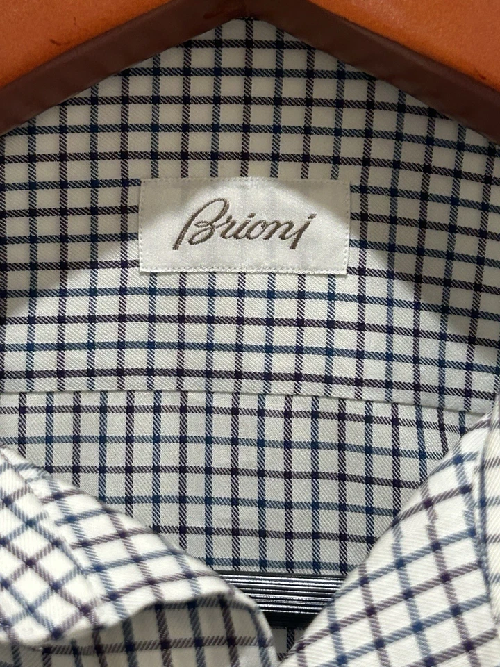 Camisa de Vestir Brioni 16R Blanco Azul Rejilla Nueva con Etiquetas $495 Hecha en Italia Algodón de Lujo Foto 3 de 4