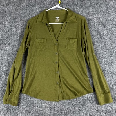Route 66 Shirt Womens Medium Olive Green Button Front Roll Tab Sleeves Pockets