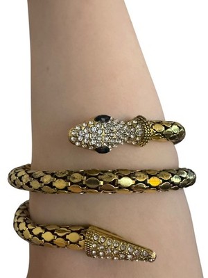 Gold Coiled Snake Wrap Bracelet Upper Arm Cuff w/ Clear Rhinestones, Y2K Edgy