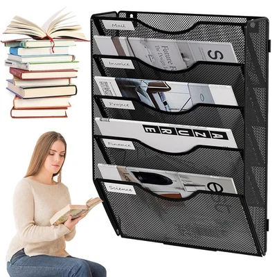 Metall Zeitschriftenhalter Wand Organizer 5 Fächer Dokumentenablage Schwarz Büro - Bild 1 von 4