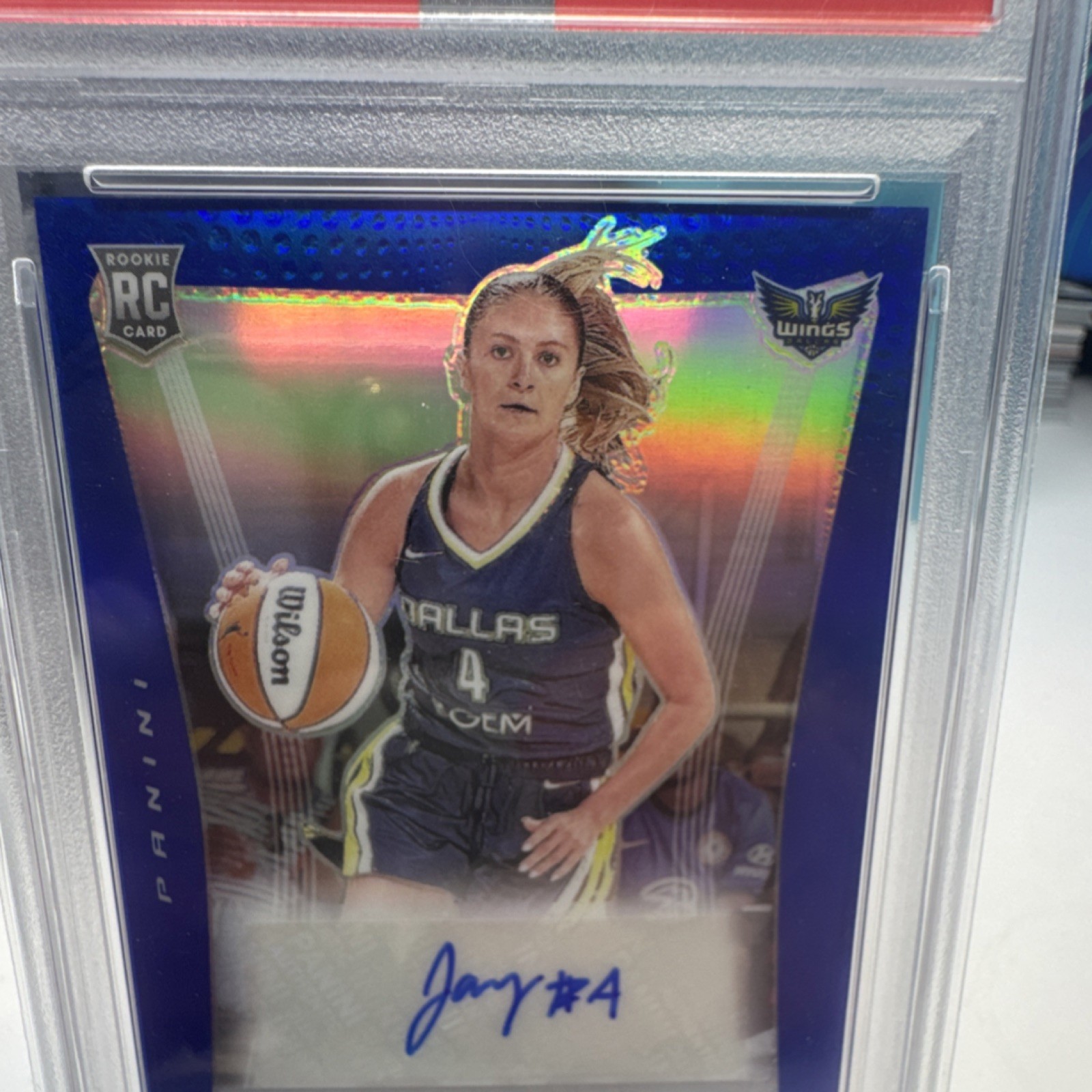 2024 Panini Prizm WNBA Jacy Sheldon Blue Rookie Auto /75 #SG-JS PSA 8 view 4