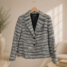 Kasper Petite Tweed Blazer Jacket 14P Black White Textured Knit Office Siren Y2K