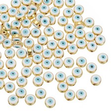 100Pcs, 8mm Flat Round Evil Eye Beads with Golden Edge White