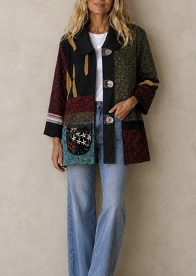 ALI MILES FOLK ART WINTER JACKET 0X/1X BOHO HIPPIE BUTTONS GRANDMA LAGENLOOK HTF
