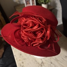 Ladies Red Feather Flower Brim Wool Felt Dress Hat ELEGANT RED HAT SOCIETY Derby