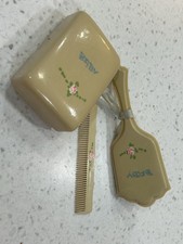 Vintage 3 Pcs. Set Baby Celluloid Comb, Brush And Soap Dish Vanity Set