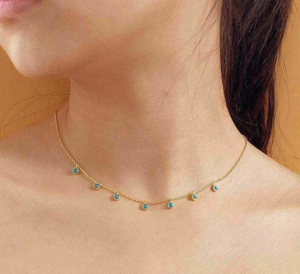 2 круглой огранки имитации синий бирюзовый ожерелье цепочка 14k желтое золото отделка - Изображение 3 из 4