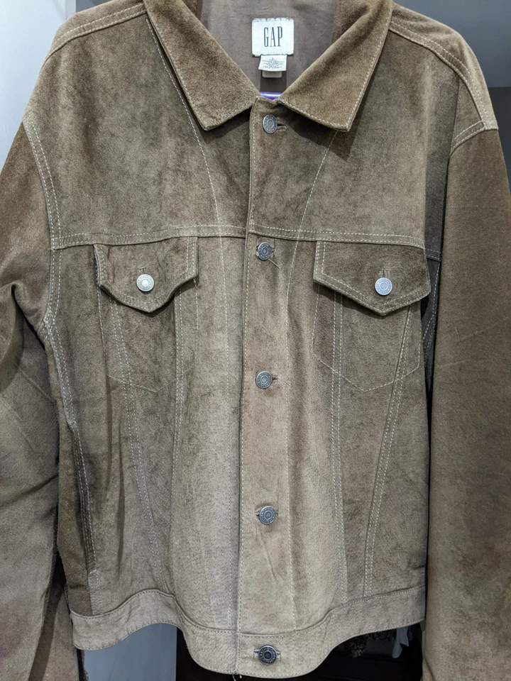 GAP Real Leather Brown Suede Men's Trucker Jacket L 44 Lennon Beatles Mod Biker - Image 4 of 4