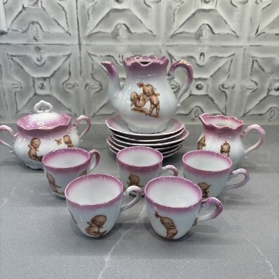 Antique 15 Piece Rose O'Neill Germany Kewpie Pink Luster Partial Tea Set W/chips