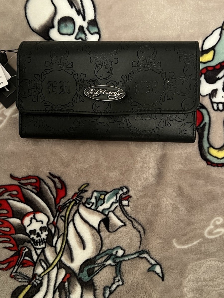 エドハーディ⭐︎ウォレット Ed Hardy Black Wallet Snap Close Skull Bones Embossed NWT | eBay