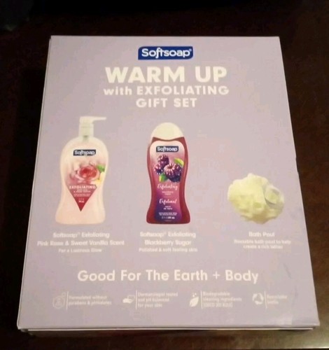 Softsoap Pink Rose Sweet Vanilla BlackBerry Sugar Exfoliant Body Wash Set - Picture 2 of 2