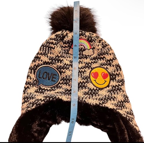 Chunky Knit Emoji Tassled Beanie Black & White Girls OS Hat - Picture 8 of 9