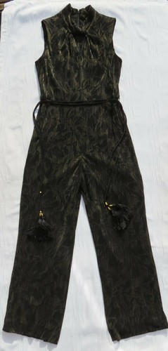 $158 TAHARI ASL Black Gold Stretch Pleated Evening Party Pants Jumpsuit US M 12 - Picture 4 of 6
