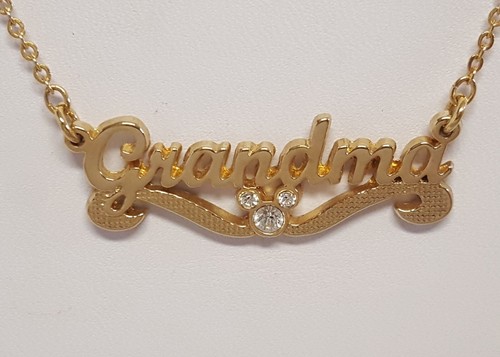DISNEY Grandma Gold-Plate Necklace Mickey 3 Crystal Head Banner Name Title Adjst - Picture 5 of 19