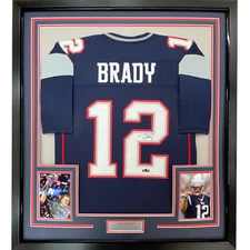 Framed Facsimile Autographed Tom Brady 33x42 Blue Reprint Laser Auto Jersey