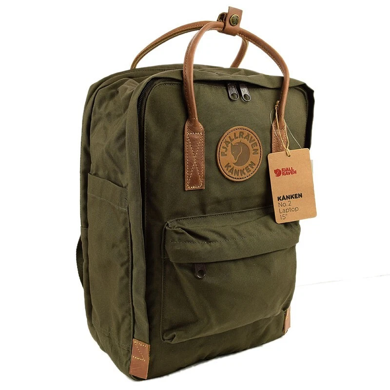 FJALLRAVEN Dark Olive Green KANKEN No 2 Laptop 15 Backpack Leather Trim NWT