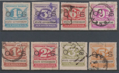 Railway Parcel Stamps 1d to 5/- OS overprinted group of 8 State Government NSW