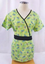 Liana Scrub Top Size XS Yellow  Green w/ Butterflies Black Tie Medical Uniform