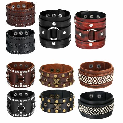 Men's Punk Biker Gothic Heavy Wide Leather Belt Wrap Bangle Bracelet Wristband
