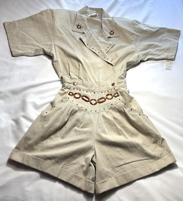 Rio Inc 80s Vintage Jumpsuit Small Tan Jeweled Studded Romper NOS