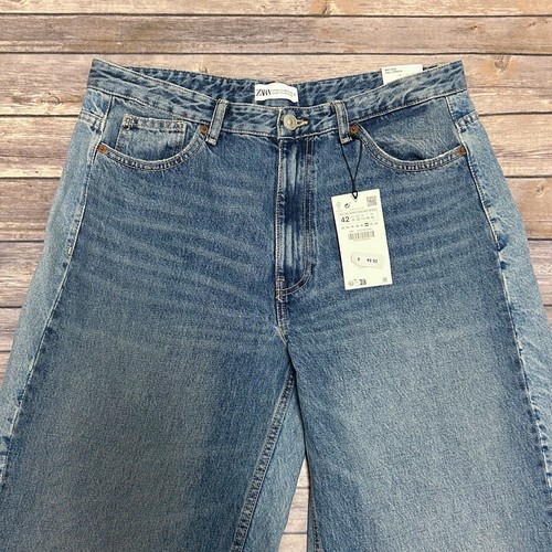 Zara Medium Wash Two Tone Mid Rise Wide Leg Shifted Off Set Seams Jeans 10 NWT - Picture 2 of 12