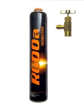 R600a K&auml;ltemittel Isobutan 750 ml / 420 g  Set Dose + Ventil&ouml;ffner 7/16'' NTP