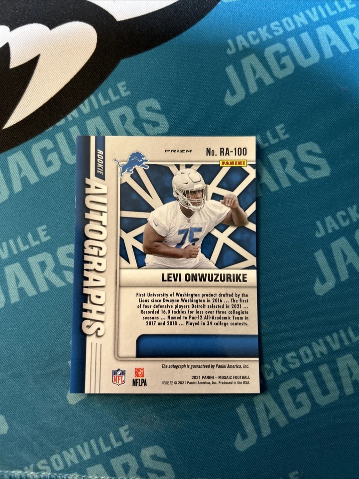 2021 Panini Mosaic Football Levi Onwuzurike Rookie Auto Mosaic Prizm Lions RC - Image 2 of 2